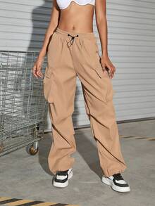Y2K Streetwear Style Drawstring Waist Elastic Eyelet Solid Color Cargo Pants With Flap Pockets, Straight Leg Parachute Pants, Versatile For Casual, Office, School Wear In Autumn, Women - Khaki - View 5