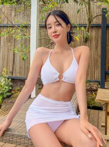 DAZY Ring Linked Halter Summer Beach Bikini Set With Beach Skirt - White - View 6