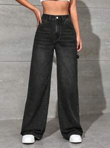 SHEIN EZwear High Waist Wide Leg Jeans - Black - View 5