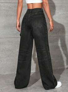 SHEIN EZwear High Waist Wide Leg Jeans - Black - View 2