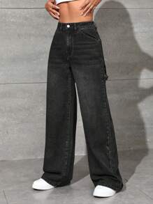 SHEIN EZwear High Waist Wide Leg Jeans - Black - View 4