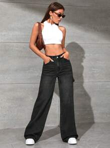 SHEIN EZwear High Waist Wide Leg Jeans - Black - View 3