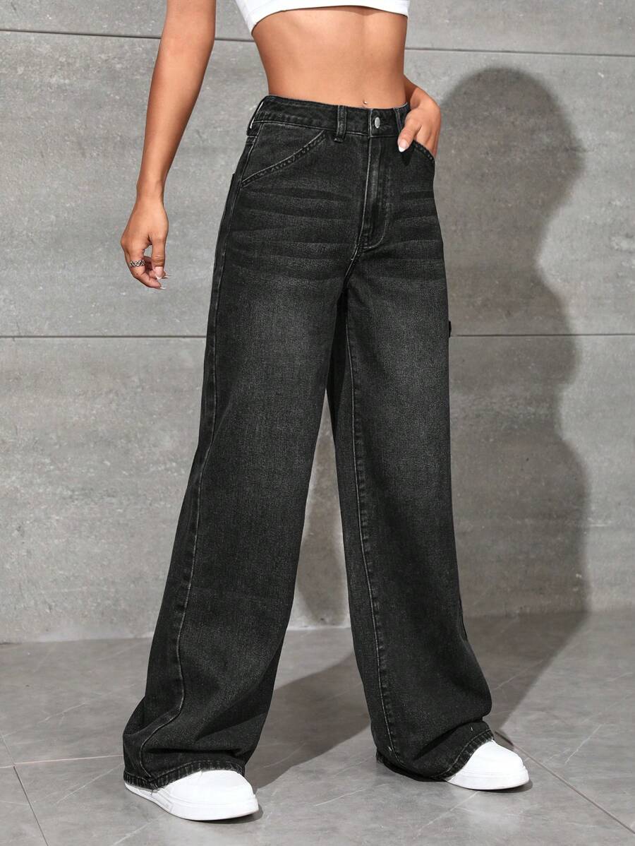 SHEIN EZwear High Waist Wide Leg Jeans - Black - View 1