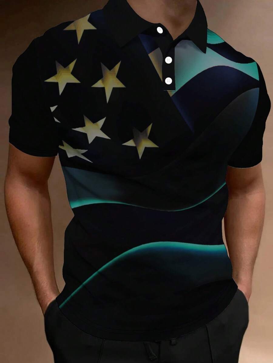 Manfinity LEGND 男士星星印花POLO衫 - 黑色 - 查看 1