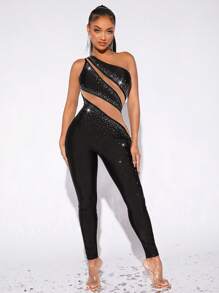 SHEIN SXY One Shoulder Sheer Mesh Insert Rhinestone Unitard Jumpsuit - Black - View 1