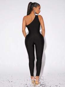SHEIN SXY One Shoulder Sheer Mesh Insert Rhinestone Unitard Jumpsuit - Black - View 2