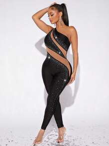 SHEIN SXY One Shoulder Sheer Mesh Insert Rhinestone Unitard Jumpsuit - Black - View 3