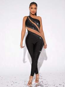 SHEIN SXY One Shoulder Sheer Mesh Insert Rhinestone Unitard Jumpsuit - Black - View 4