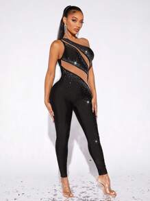 SHEIN SXY One Shoulder Sheer Mesh Insert Rhinestone Unitard Jumpsuit - Black - View 6