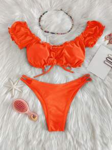 Bañador bikini ribete fruncido con cordón delantero - Naranja - Ver 1