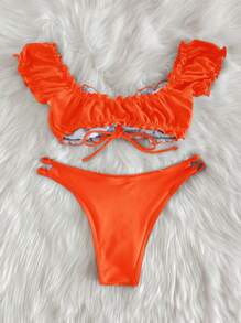 Bañador bikini ribete fruncido con cordón delantero - Naranja - Ver 2