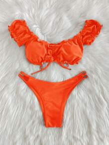 Bañador bikini ribete fruncido con cordón delantero - Naranja - Ver 5