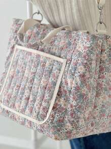 1 件花卉印花尿布手提包，大容量绗缝手提包，适合婴儿日常外出，单肩妈咪包