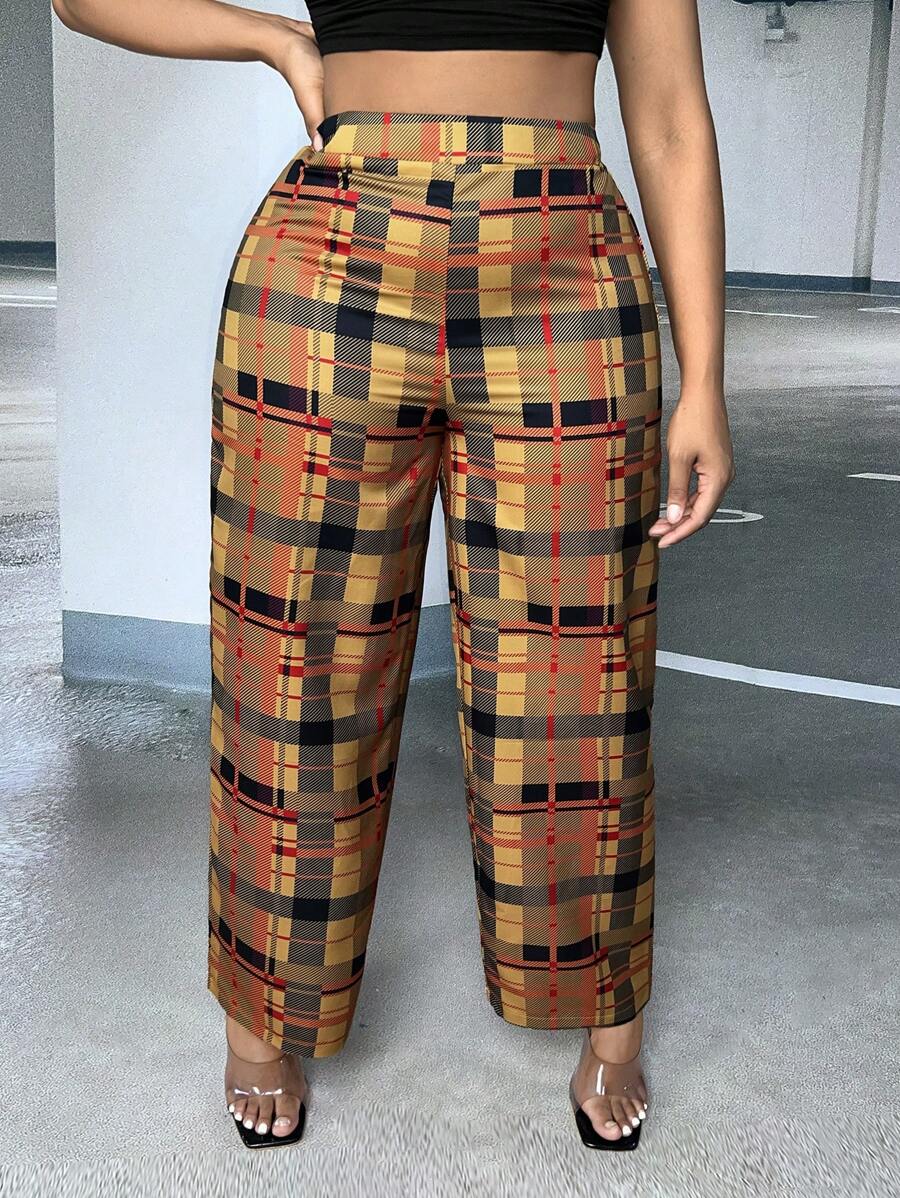 Slaydiva 大碼格紋印花直筒褲 - 彩色 - 查看 1
