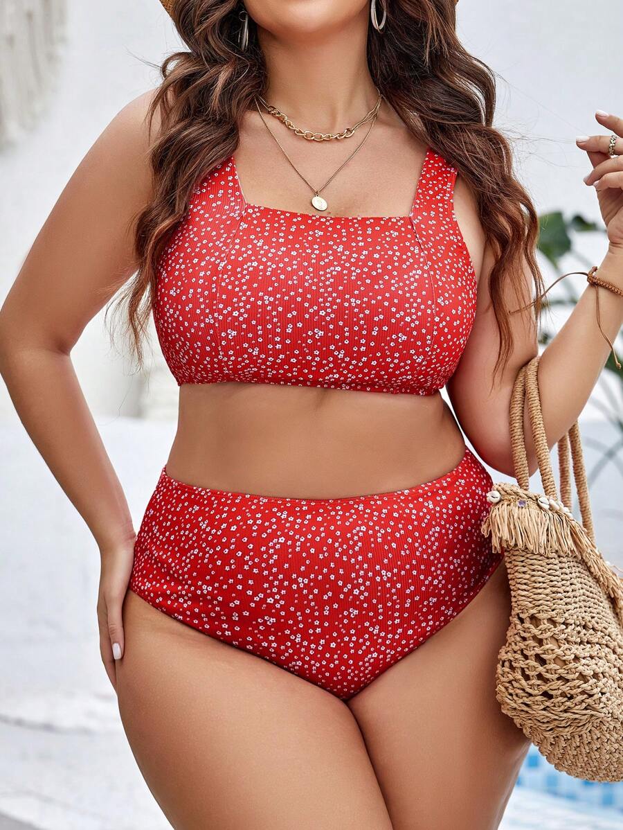 SHEIN Swim Curve Plus Size Ditsy Floral Print Bikini Set Summer Beach - Red - View 1