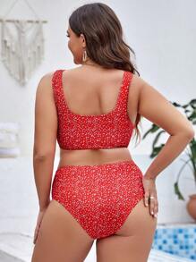 SHEIN Swim Curve Plus Size Ditsy Floral Print Bikini Set Summer Beach - Red - View 2