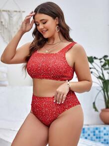 SHEIN Swim Curve Plus Size Ditsy Floral Print Bikini Set Summer Beach - Red - View 3