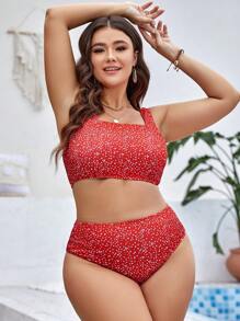 SHEIN Swim Curve Plus Size Ditsy Floral Print Bikini Set Summer Beach - Red - View 4