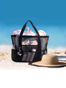 Black Beach Bag Multi Pocket No-Closure, Mother's Day Gift For Mom - Black - View 1