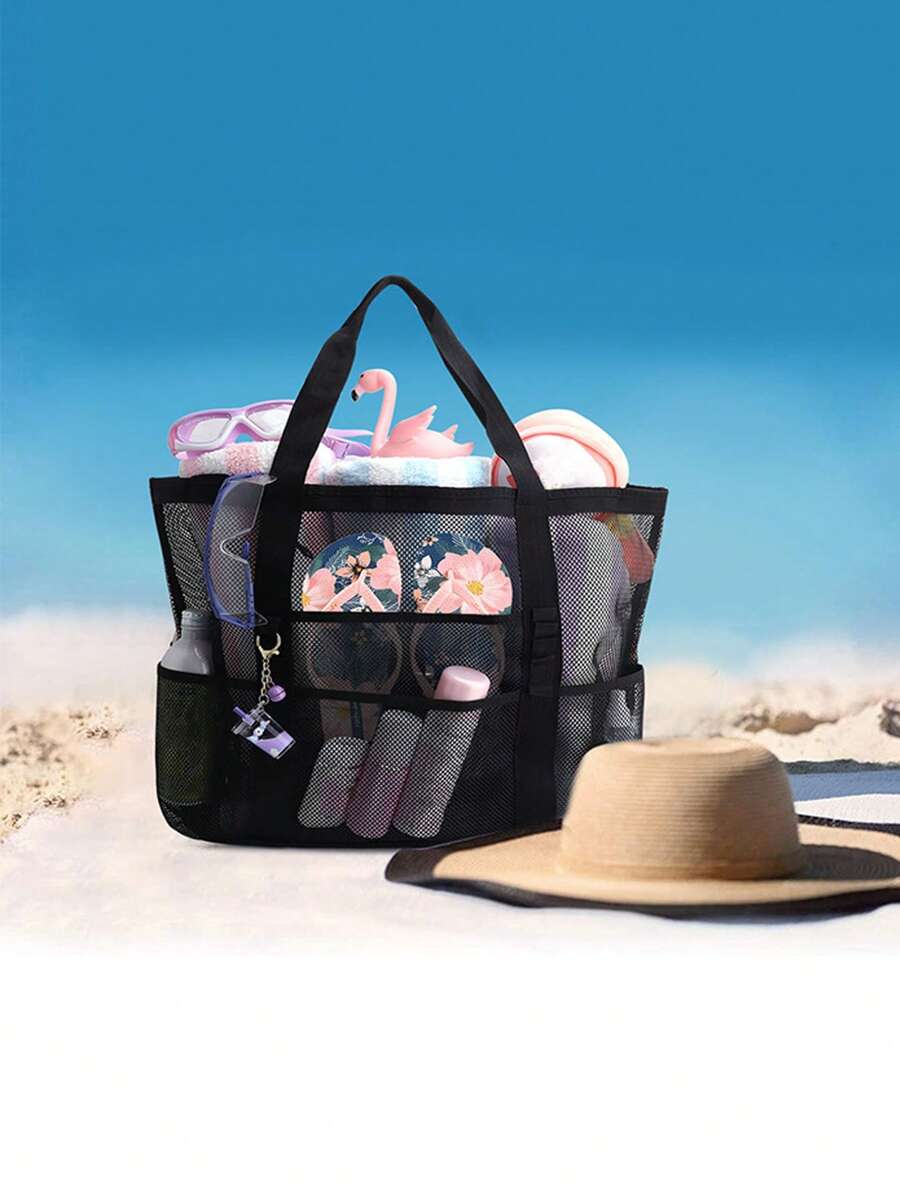 Black Beach Bag Multi Pocket No-Closure, Mother's Day Gift For Mom - Black - View 1