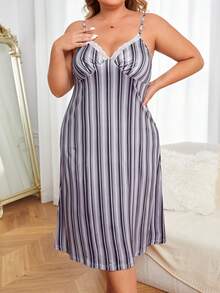 Plus Striped Print Contrast Lace Cami Nightdress - Multicolor - View 3