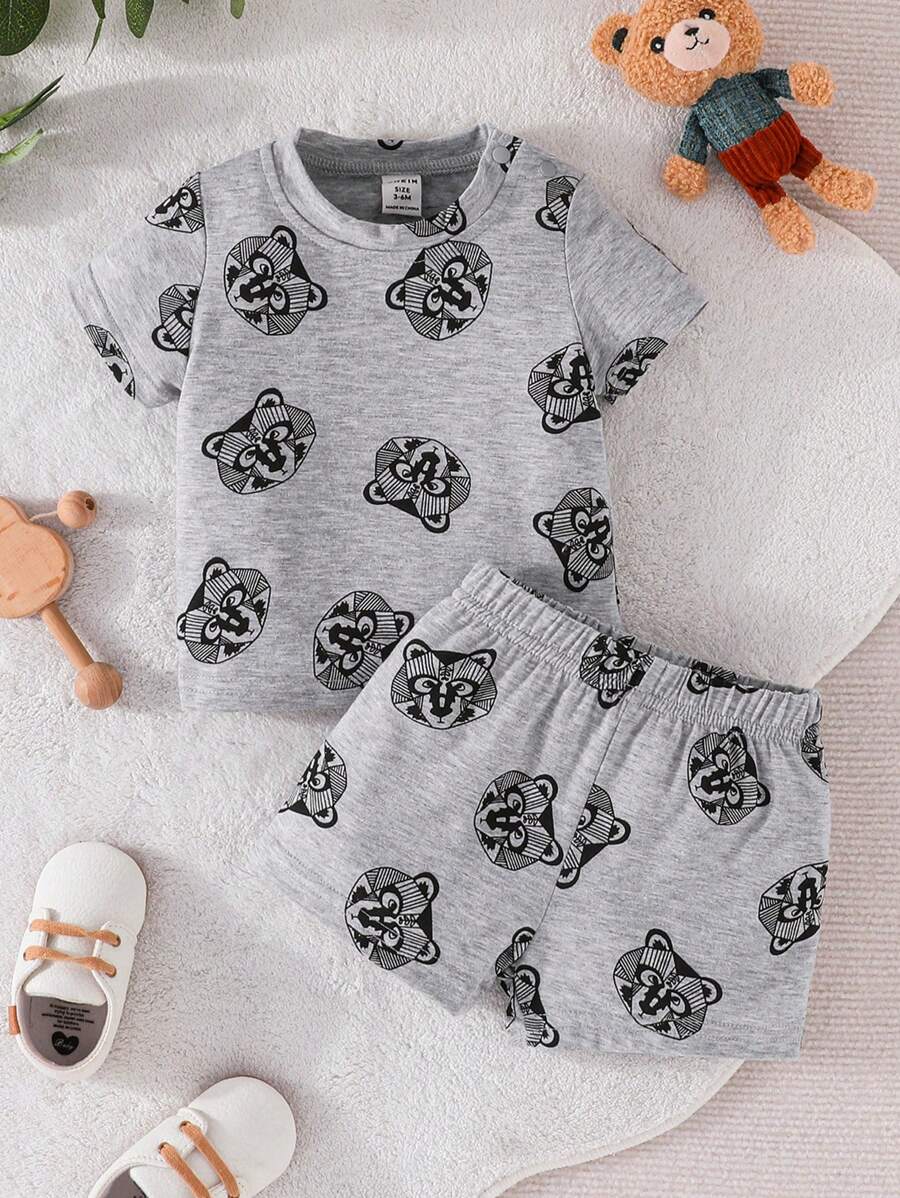 Đứa bé trai In Động vật Áo thun & quần đùi - Xám - Xem 1
