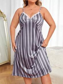 Plus Striped Print Contrast Lace Cami Nightdress - Multicolor - View 5