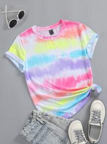 SHEIN LUNE Tie Dye Round Neck Tee Graphic Tees Women Tops