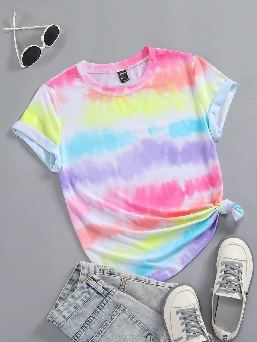 SHEIN LUNE Tie Dye Round Neck Tee Graphic Tees Women Tops