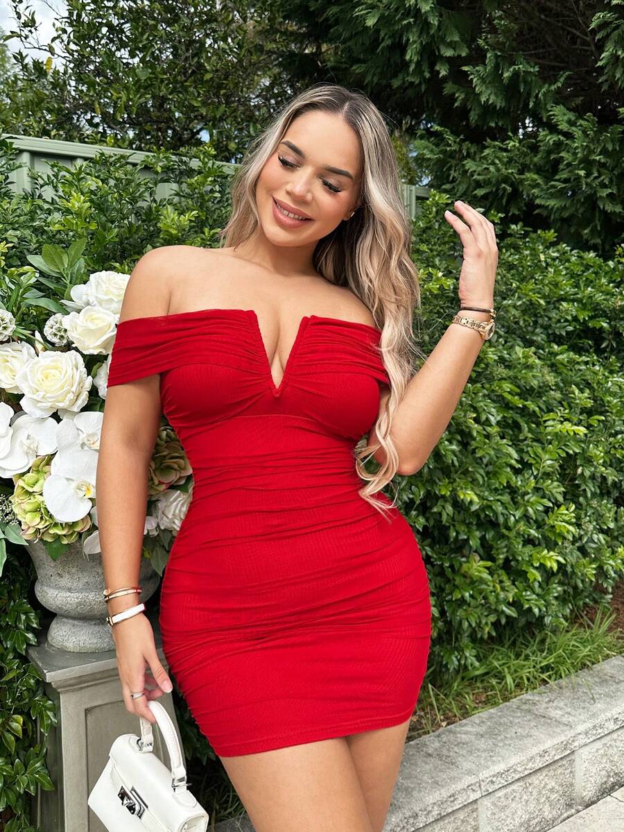 SHEIN SXY Off Shoulder Ruched Bodycon Dress - Red - View 1