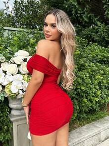 SHEIN SXY Off Shoulder Ruched Bodycon Dress - Red - View 2