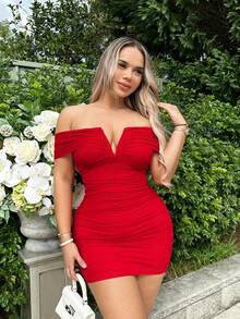 SHEIN SXY Off Shoulder Ruched Bodycon Dress - Red - View 4