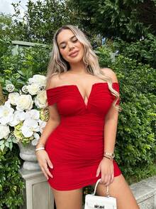 SHEIN SXY Off Shoulder Ruched Bodycon Dress - Red - View 5
