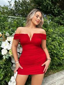 SHEIN SXY Off Shoulder Ruched Bodycon Dress - Red - View 6