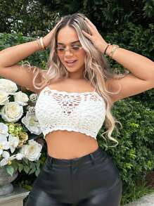 SHEIN SXY 鏤空針織吊帶短上衣 - 白色 - 查看 1