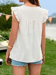 SHEIN 孕婦幾何刺繡流蘇繫帶領荷葉邊襯衫 - 白色 - 查看 2