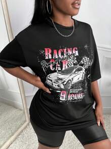 Slaydiva 汽車和字母圖案落肩T恤 - 黑色 - 查看 3