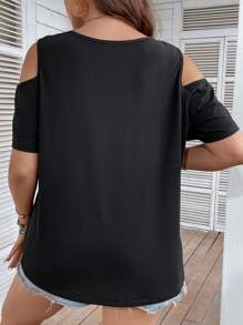 SHEIN LUNE 大碼前繫帶挖肩T恤 - 黑色 - 查看 2