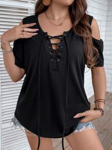 SHEIN LUNE 大碼前繫帶挖肩T恤 - 黑色 - 查看 1