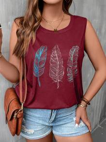 SHEIN LUNE 大碼羽毛印花背心上衣 - 酒紅色 - 查看 1