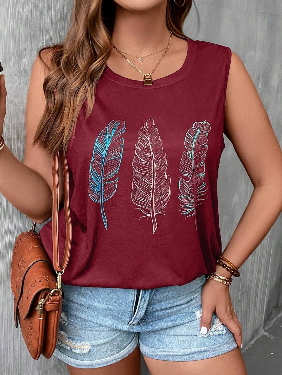 SHEIN LUNE 大碼羽毛印花背心上衣 - 酒紅色 - 查看 1