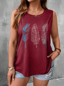 SHEIN LUNE 大碼羽毛印花背心上衣 - 酒紅色 - 查看 4