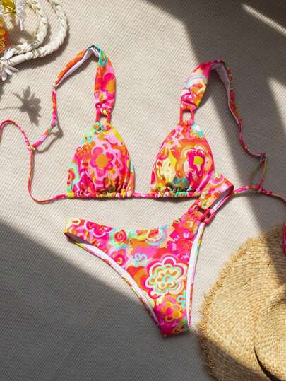 Summer Beach Floral Print Triangle Bikini Set