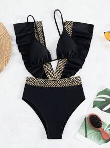 荷葉邊深V連體泳衣