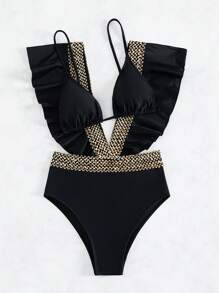 荷葉邊深V連體泳衣