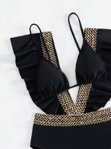 荷葉邊深V連體泳衣