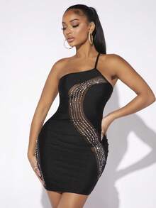SHEIN SXY One Shoulder Rhinestone Detail Bodycon Dress - Black - View 2