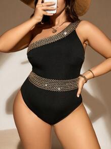 SHEIN Swim Curve Cộng với kích thước một mảnh Khối Màu - màu đen - Xem 1