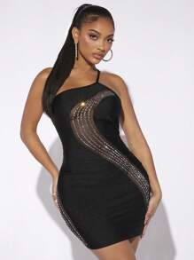 SHEIN SXY One Shoulder Rhinestone Detail Bodycon Dress - Black - View 1