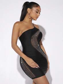 SHEIN SXY One Shoulder Rhinestone Detail Bodycon Dress - Black - View 5